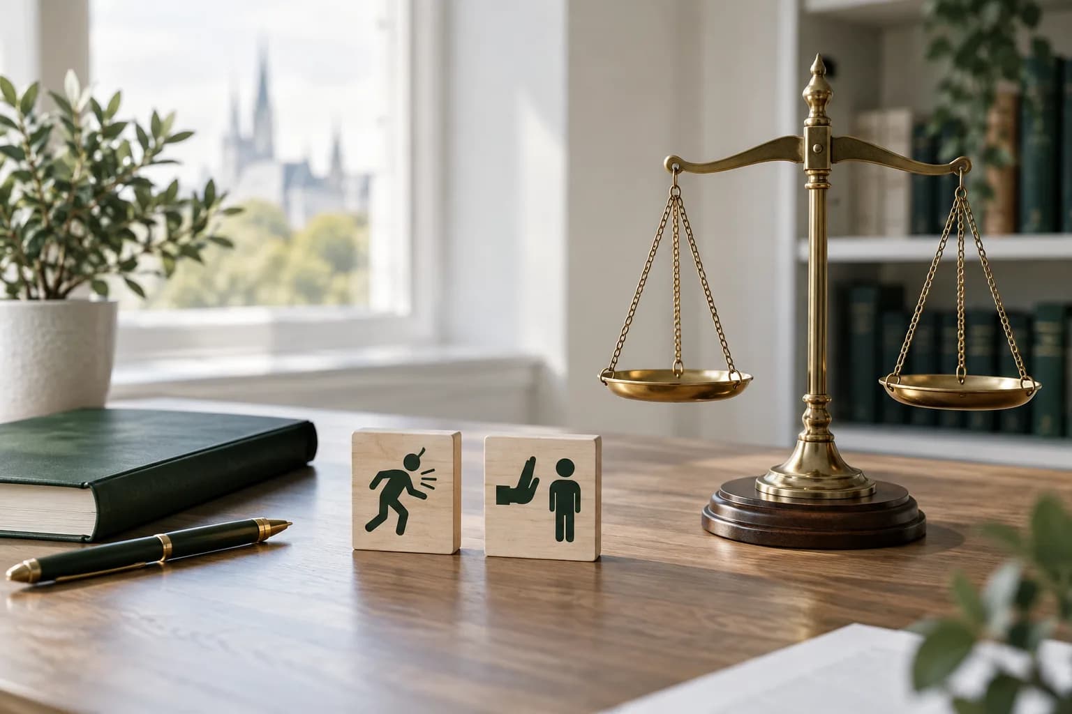 Waage der Justiz neben abstrakten Situationskarten und einem grünen Rechtsbuch