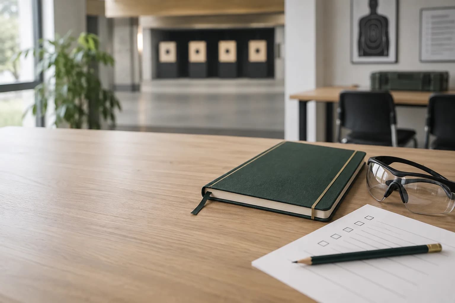 Grünes Lernbuch, Schutzbrille und Checkliste auf einem Tisch in einer sachlichen Schulungsumgebung