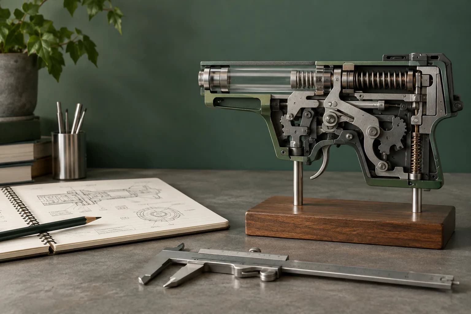 Inertes technisches Schnittmodell mit Federn und Mechanik neben Messschieber und Skizzenbuch